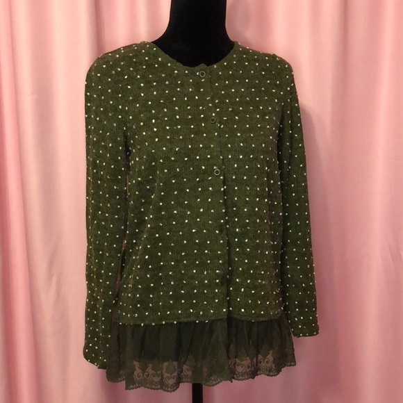 Altar'd State Sweaters - Altar’d State Dark Green Polka Dot Knit Cardigan With Lace Hem